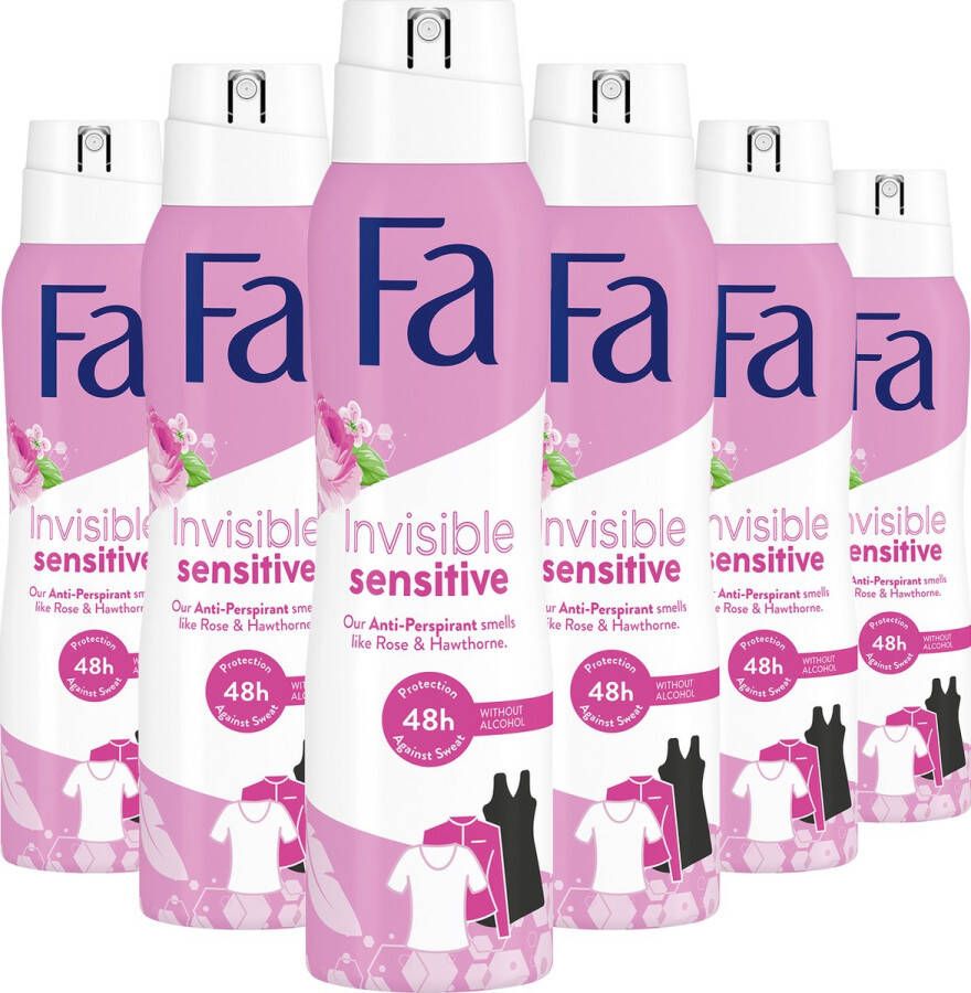 Fa Invisible Sensitive Rozen en Meidoorn Deodorant Spray 6 x 150 ml