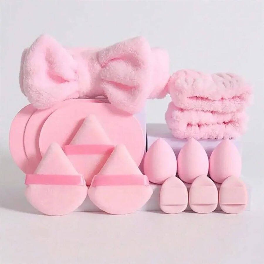 FA-VE Beautyblender Set 15 stuks Face Wash set Make-upsponsjes Set Skincare haarband en Polsbandjes Set van 15 Roze