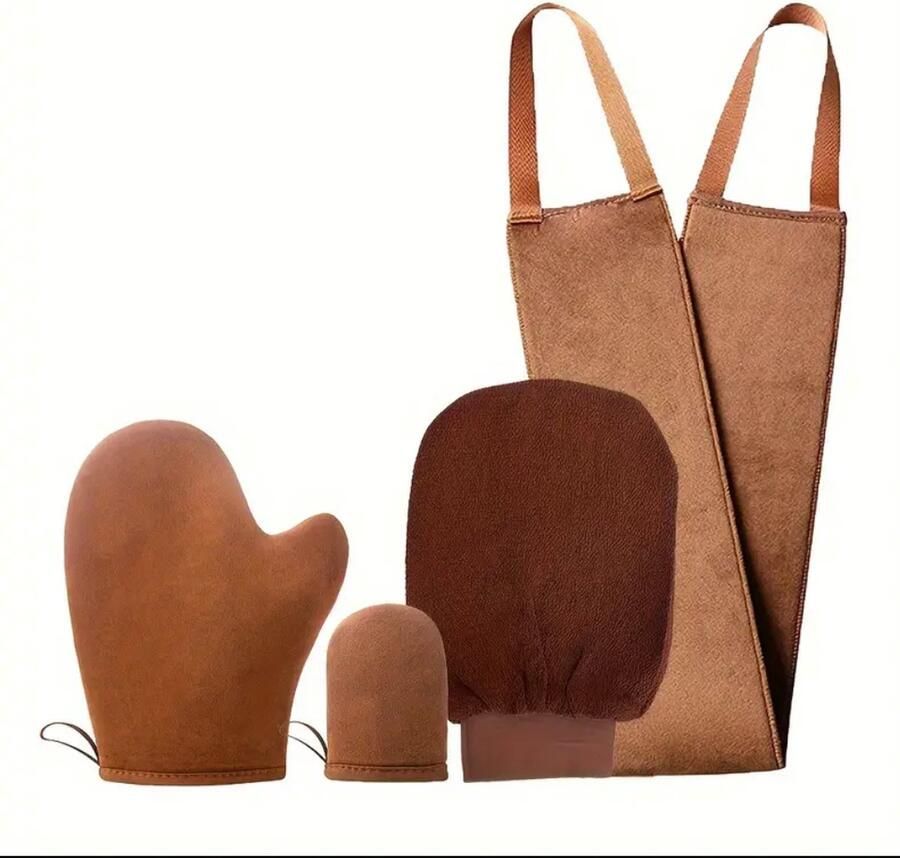 FA-VE Tanning Handschoen Set Van 4 Tanning Glove Zelfbruiner Handschoen Vingerhandschoen en Rug Applicator Self Tan Glove Zelfbruiner Handschoen Selftan Handschoen Scrubhandschoen Bruin