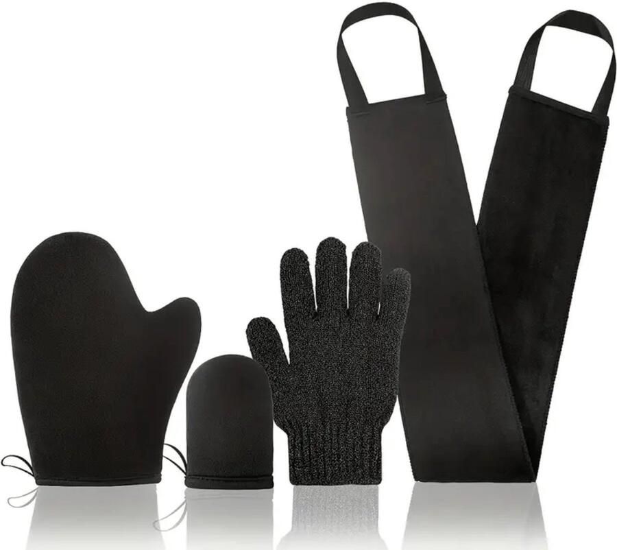 FA-VE Tanning Handschoen Set Van 4 Tanning Glove Zelfbruiner Handschoen Vingerhandschoen en Rug Applicator Self Tan Glove Zelfbruiner Handschoen Selftan Handschoen Scrubhandschoen Zwart