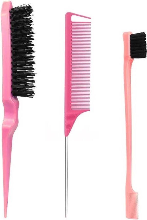 FA-VE Slick Back Hair Brush Slickback Hairbrush Set van 3 Haarborstel Hairbrush Toupeerkam Toupeerborstel Slick Back Brush Slick Back Bun Brush Roze