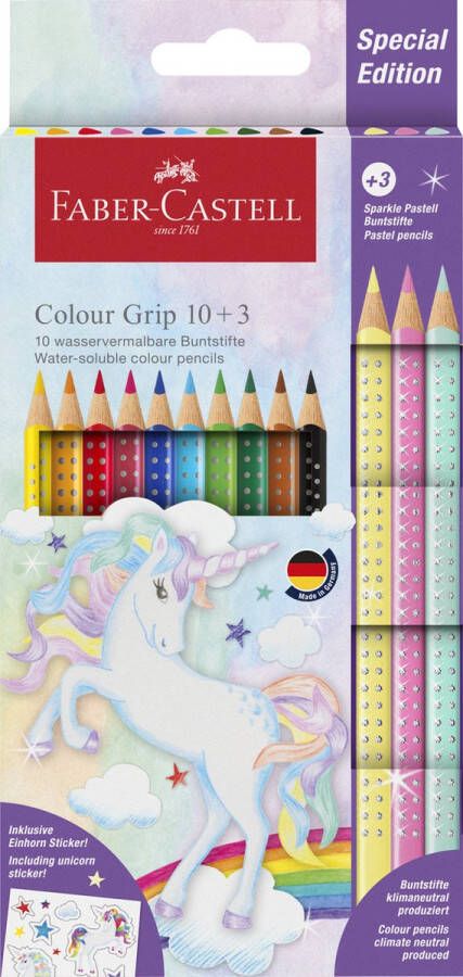 Faber-Castell kleurpotloden Grip Unicorn 10 colour grip + 3 sparkle pastel + unicorn stickers FC-201542