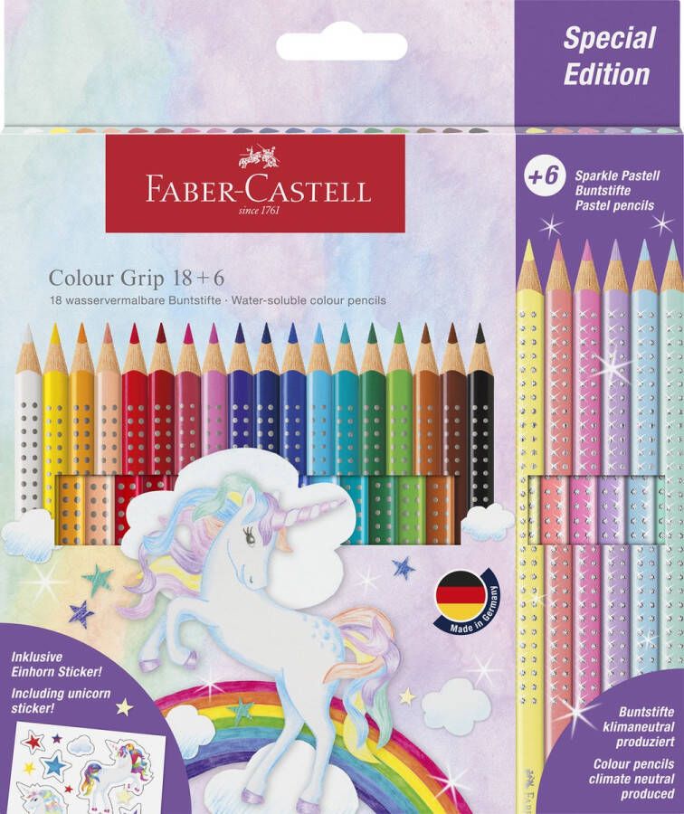 Faber-Castell kleurpotloden Grip Unicorn 18 colour grip + 6 sparkle pastel + unicorn stickers FC-201543