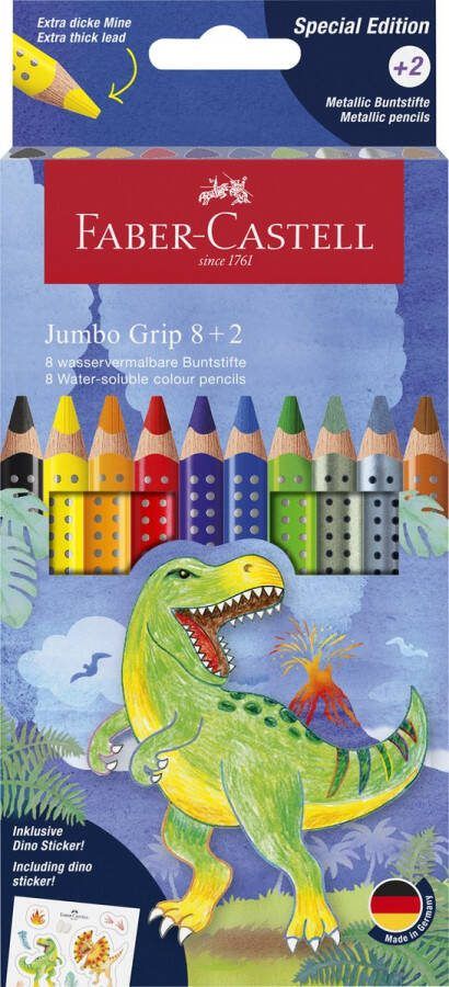 Faber-Castell kleurpotloden Jumbo Grip Dino 8 colourgrip + 2 metallic grip met stickers FC-110922