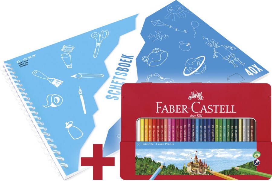 Faber-Castell kleurpotlood Castle 36 stuks in blik + A3 Kangaro schetsboek GRATIS wit 120 grams 40 vel FC-115886-A