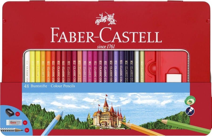 Faber Castell Kleurpotlood Faber-Castell Castle zeskantig metalen etui 48 stuks met accessoires