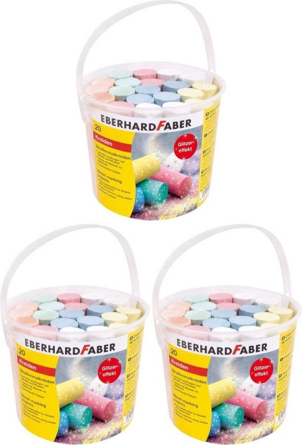 Faber-Castell Set van 3 emmers met glitter straatkrijt (20 stuks krijt per stuk)