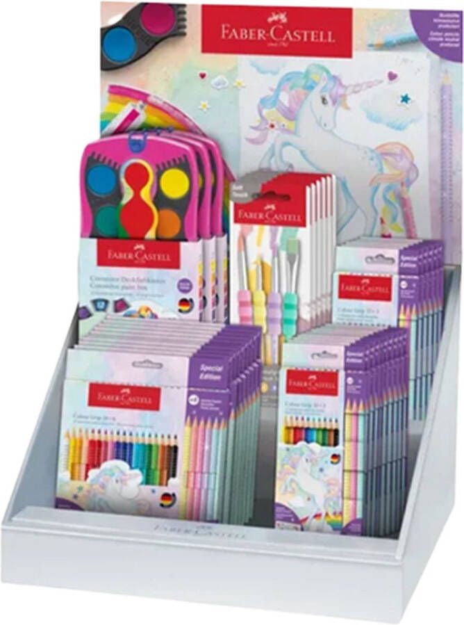Faber-Castell Unicorn display gevuld met: Colourgrip kleurpotloden sets penselen in pastelkleur en waterverf connector sets