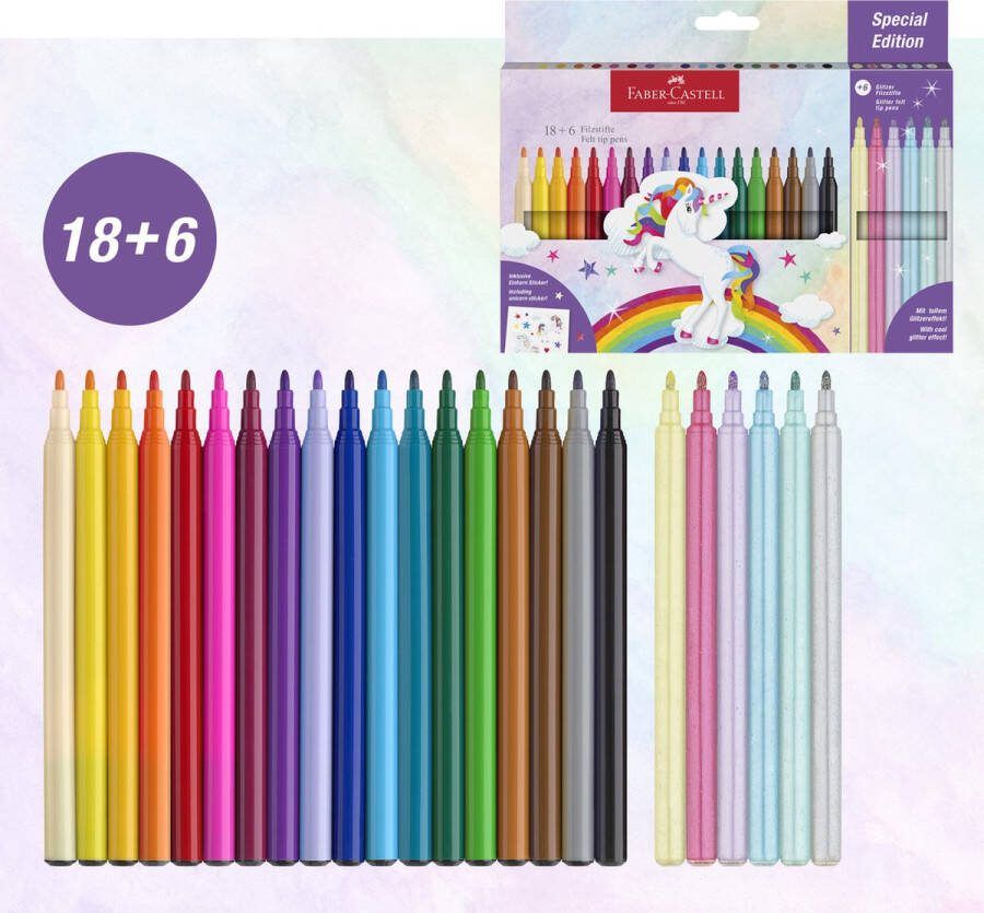 Faber-Castell viltstiften Unicorn 18x standaard kleuren + 6x pastel kleuren met unicorn stickers FC-554221