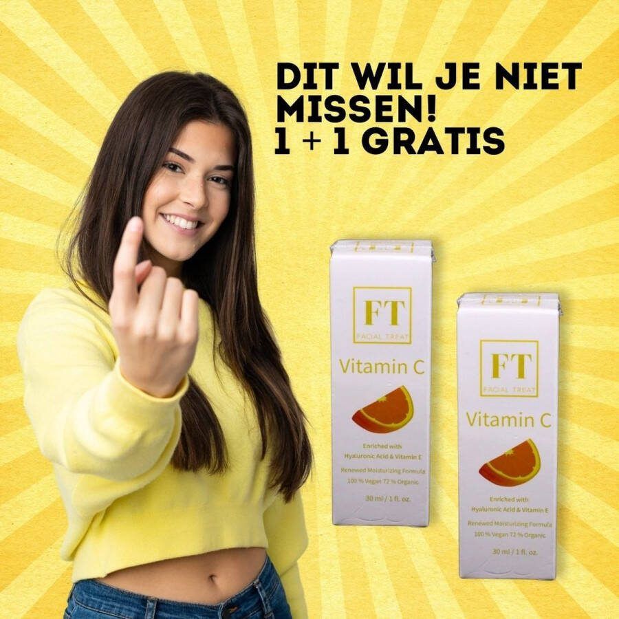 Facial Treat Vitamine C Serum 1 + 1 GRATIS Incl. Hyaluronzuur en Vitamine E 100 % Vegan 30 ml Collageen Versterkend Nachtcrème