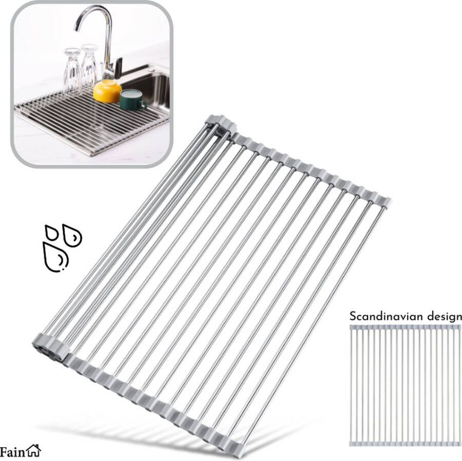 Fain Luxe afdruiprek – Pannenonderzetter hittenbestendig – Grijs met RVS – 45 x 35 cm – Afkoelrooster – Afdruiprek voor boven gootsteen – Afdruiprek oprolbaar – Afdruipmat – Afdruiprooster Afdruiprek metaal