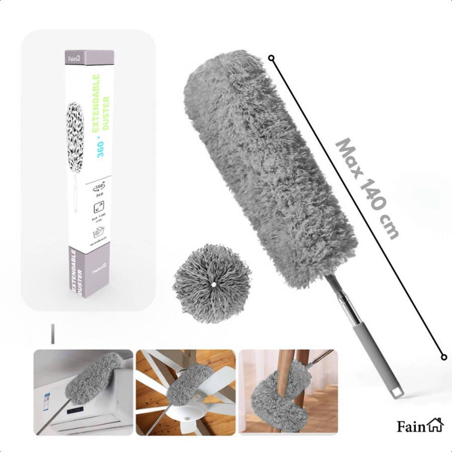 Fain Plumeau met Telescoopsteel – Grijs – 60 tot 140 cm – Uitschuifbaar – Wasbaar Flexibel 360° Draaibaar – Duster Microvezel Ragebol