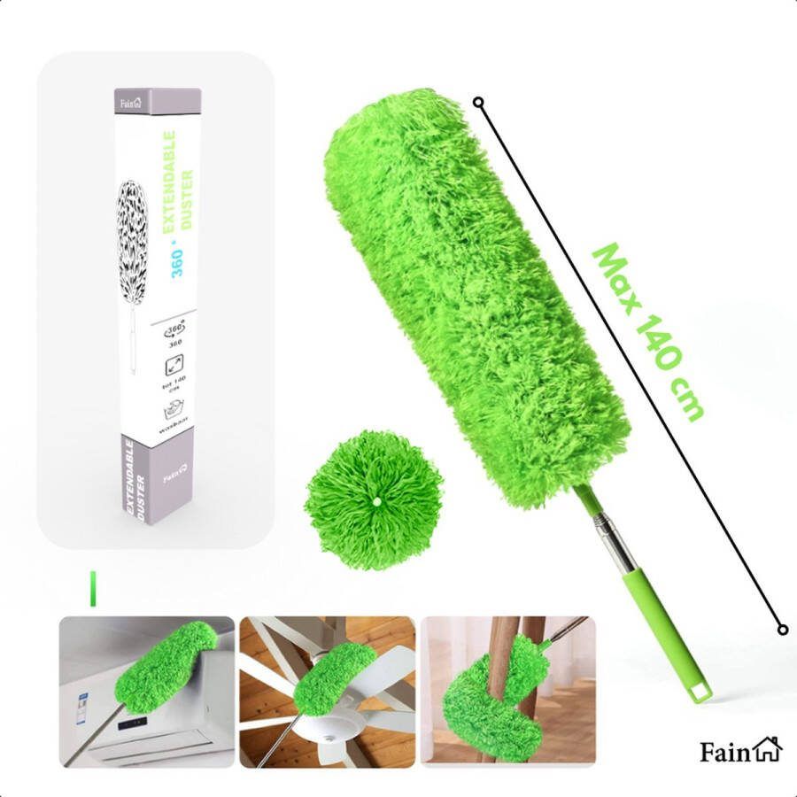 Fain Plumeau met Telescoopsteel – Groen – 60 tot 140 cm – Uitschuifbaar – Wasbaar Flexibel 360° Draaibaar – Duster Microvezel Ragebol