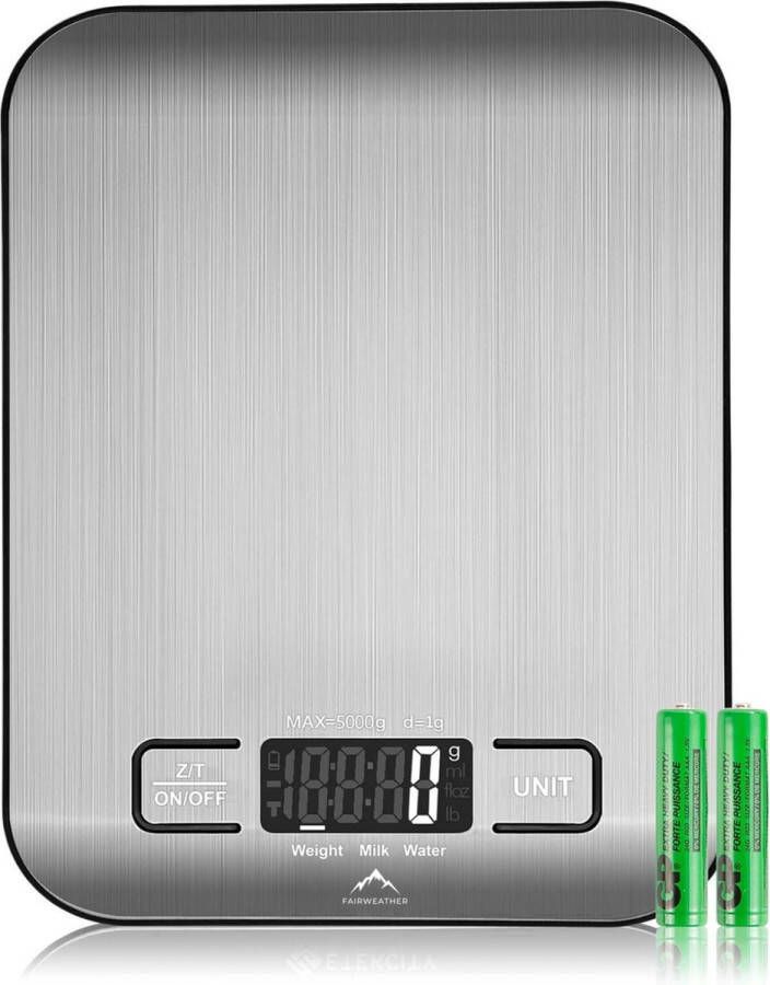 Fairweather Precisie Keukenweegschaal Weegschaal Keuken Digitaal 1 g tot 5 kg Tarra Functie Inclusief Batterijen RVS Zwart