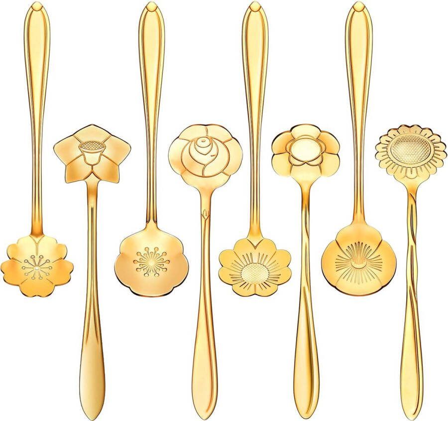 Fako Bijoux Bloemen Lepels Set Theelepel Koffielepel 12cm Goud 8 Stuks