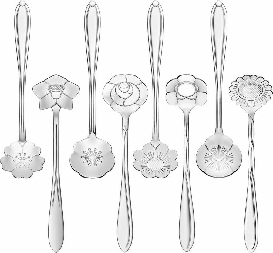 Fako Bijoux Bloemen Lepels Set Theelepel Koffielepel 12cm Zilver 8 Stuks