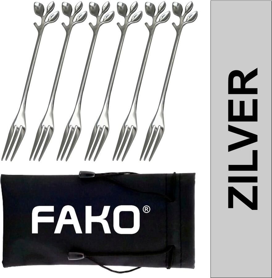 Fako Bijoux Dessertvork Amuse Vork Blaadjes Vork Vorkjes RVS Zilverkleurig 6 Stuks