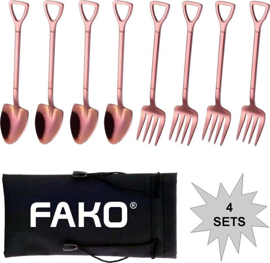 Fako Bijoux Gebak Bestek Dessert Bestek Schep & Hark Rosé Goud 4 Sets