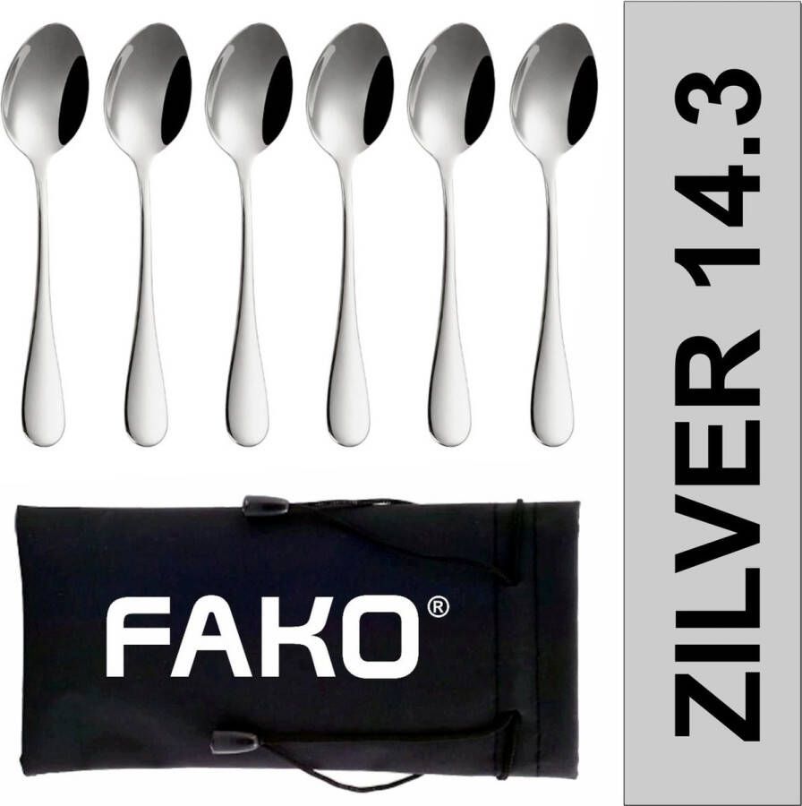 Fako Bijoux Koffielepel Dessertlepel Classic 14.2cm Zilver 6 Stuks