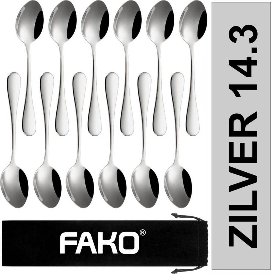 Fako Bijoux Koffielepel Dessertlepel Classic Ovale Lepels 14cm Zilver 12 Stuks