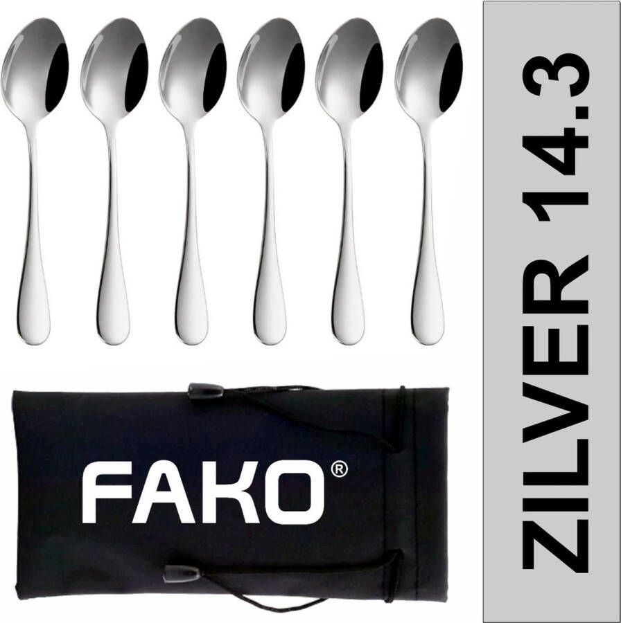 Fako Bijoux Koffielepel Dessertlepel Classic Ovale Lepels 14cm Zilver 6 Stuks