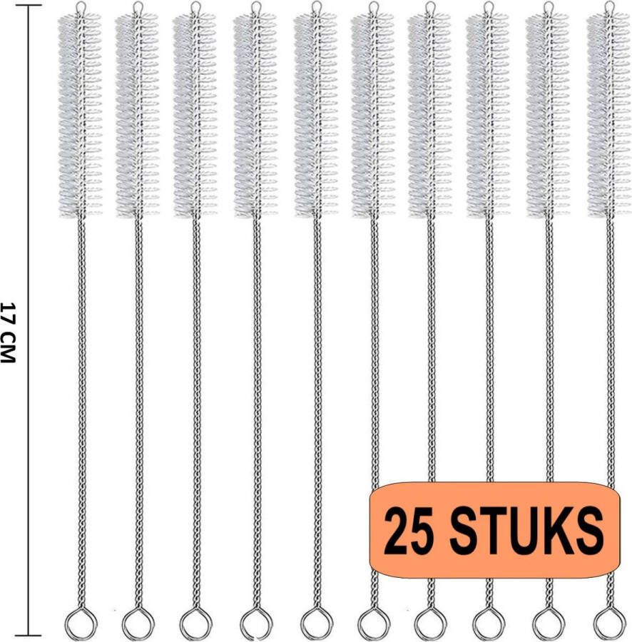 Fako Bijoux RVS Schoonmaakborstels Voor Rietjes Borsteltjes 25 Stuks 17cm Herbruikbaar