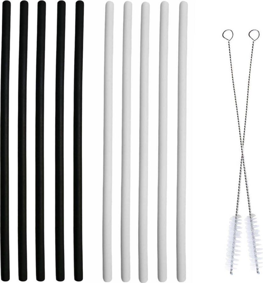 Fako Bijoux Siliconen Rietjes Herbruikbaar 25cm 8mm 10 Stuks + 2 Schoonmaakborstels Recht Zwart En Wit