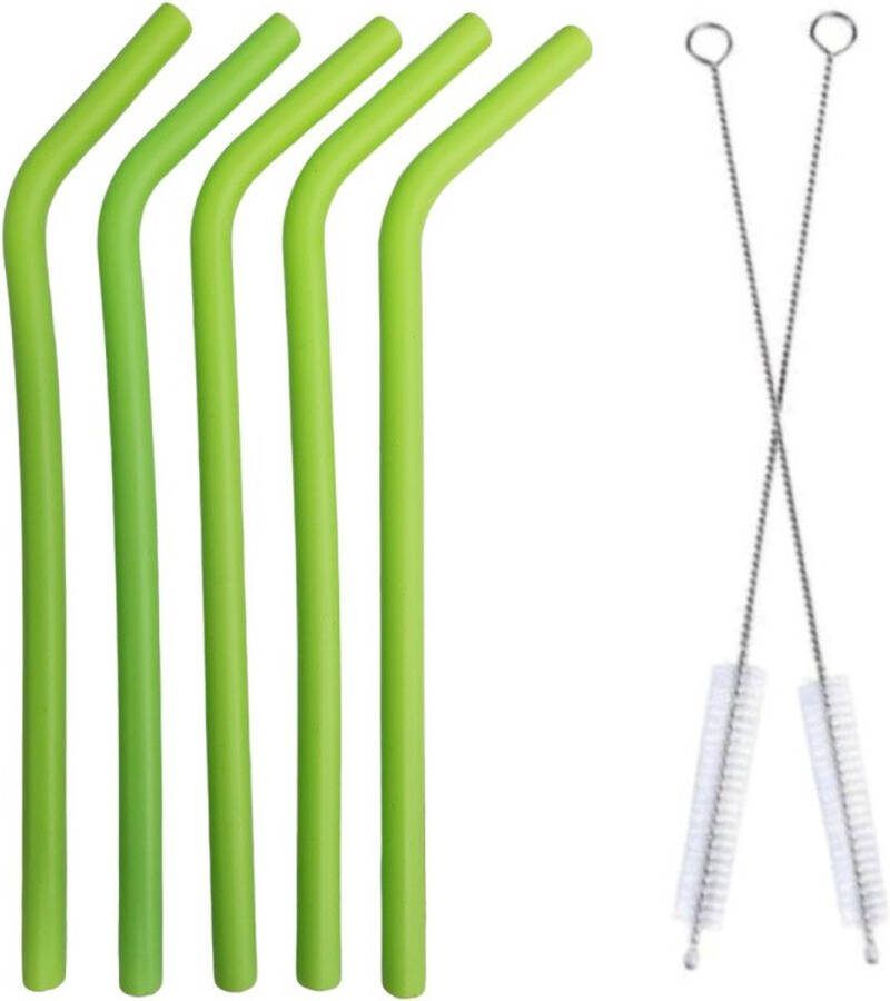 Fako Bijoux Siliconen Rietjes Set 5 Herbruikbare Rietjes 21.5 cm 9.5 mm Duurzaam en Hygiënisch 2 Schoonmaakborstels Gebogen Groen
