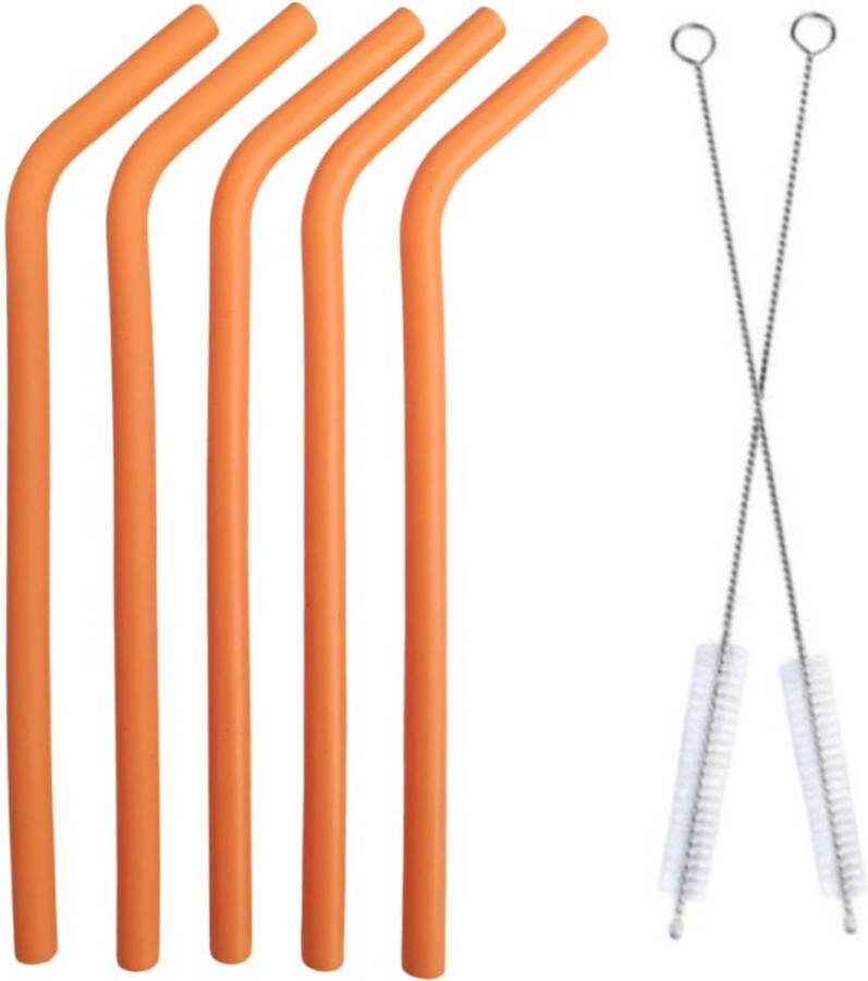 Fako Bijoux Siliconen Rietjes Set 5 Herbruikbare Rietjes 21.5 cm 9.5 mm Duurzaam en Hygiënisch 2 Schoonmaakborstels Gebogen Oranje