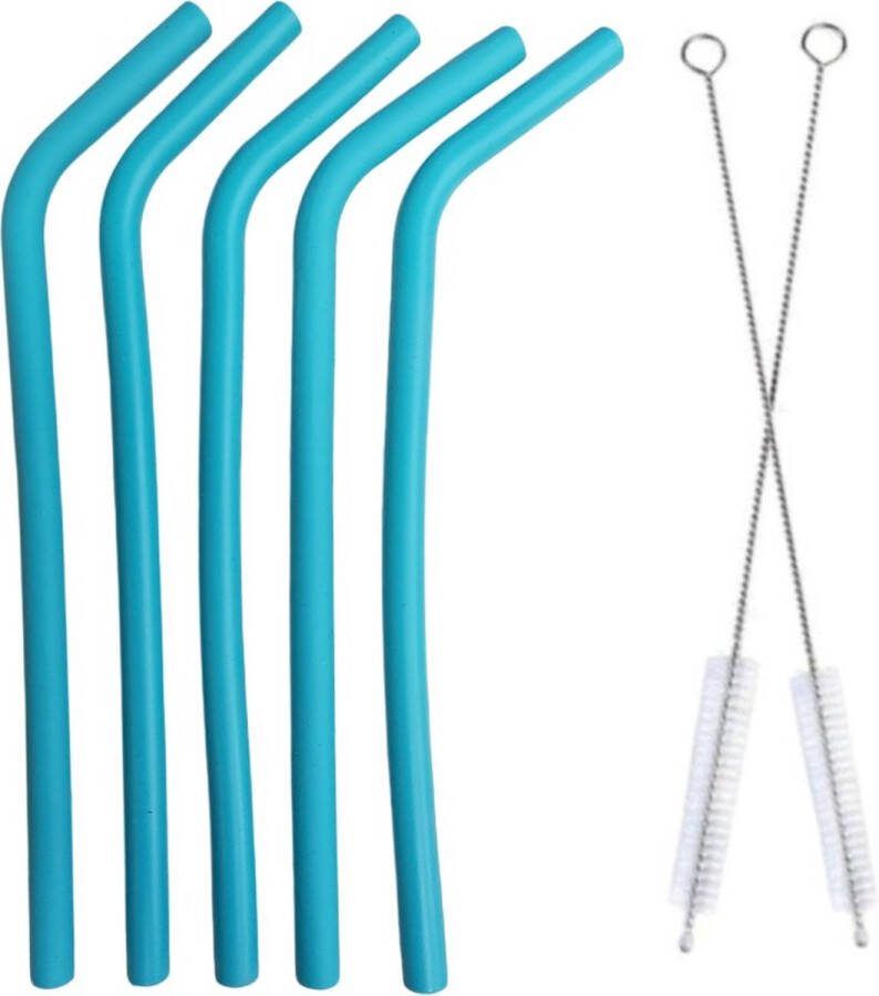 Fako Bijoux Siliconen Rietjes Set 5 Herbruikbare Rietjes 21.5 cm 9.5 mm Duurzaam en Hygiënisch 2 Schoonmaakborstels Gebogen Blauw