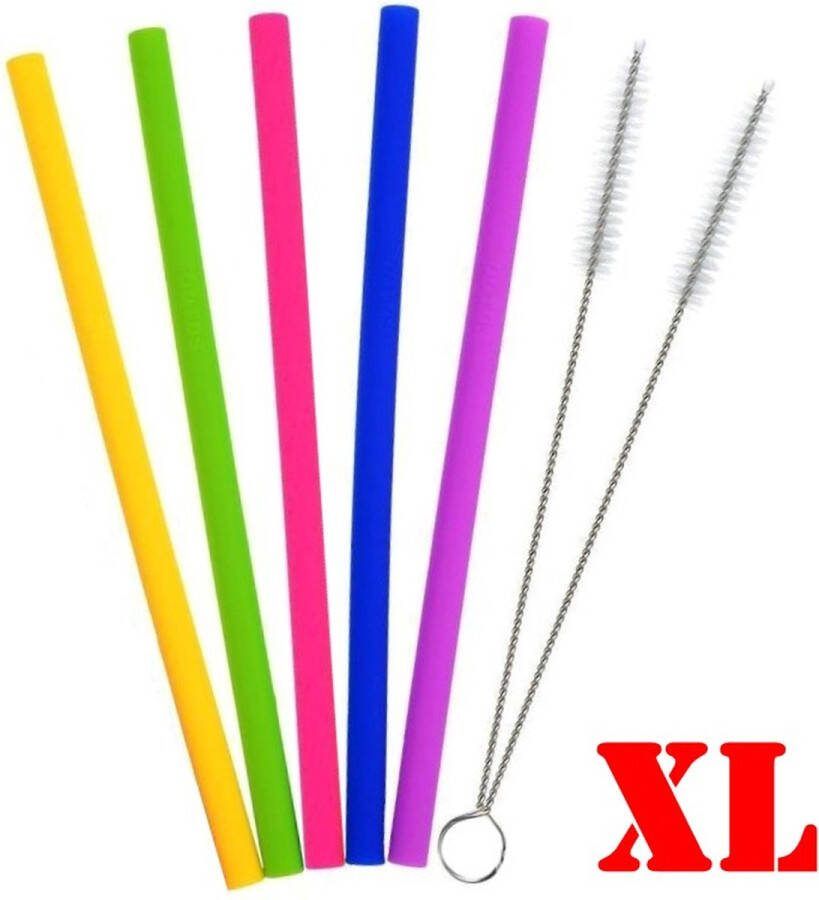 Fako Bijoux Siliconen Rietjes Set XL 5 Herbruikbare Rietjes 25 cm 11mm Duurzaam en Hygiënisch 2 Schoonmaakborstels Recht Mix