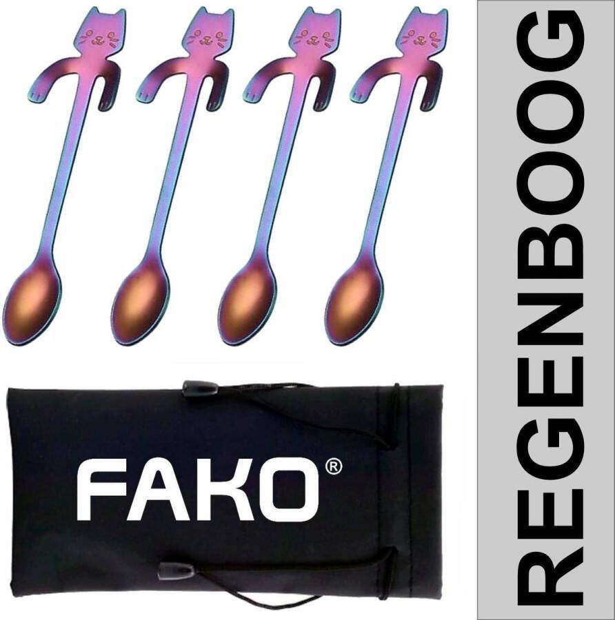 Fako Bijoux Theelepel Koffielepel Hangende Kat Regenboog 4 Stuks