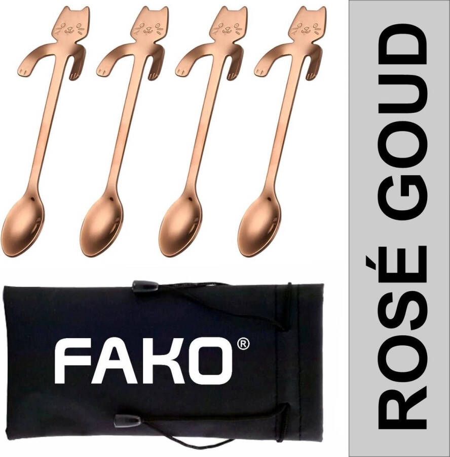 Fako Bijoux Theelepel Koffielepel Hangende Kat Rosé Goud 4 Stuks