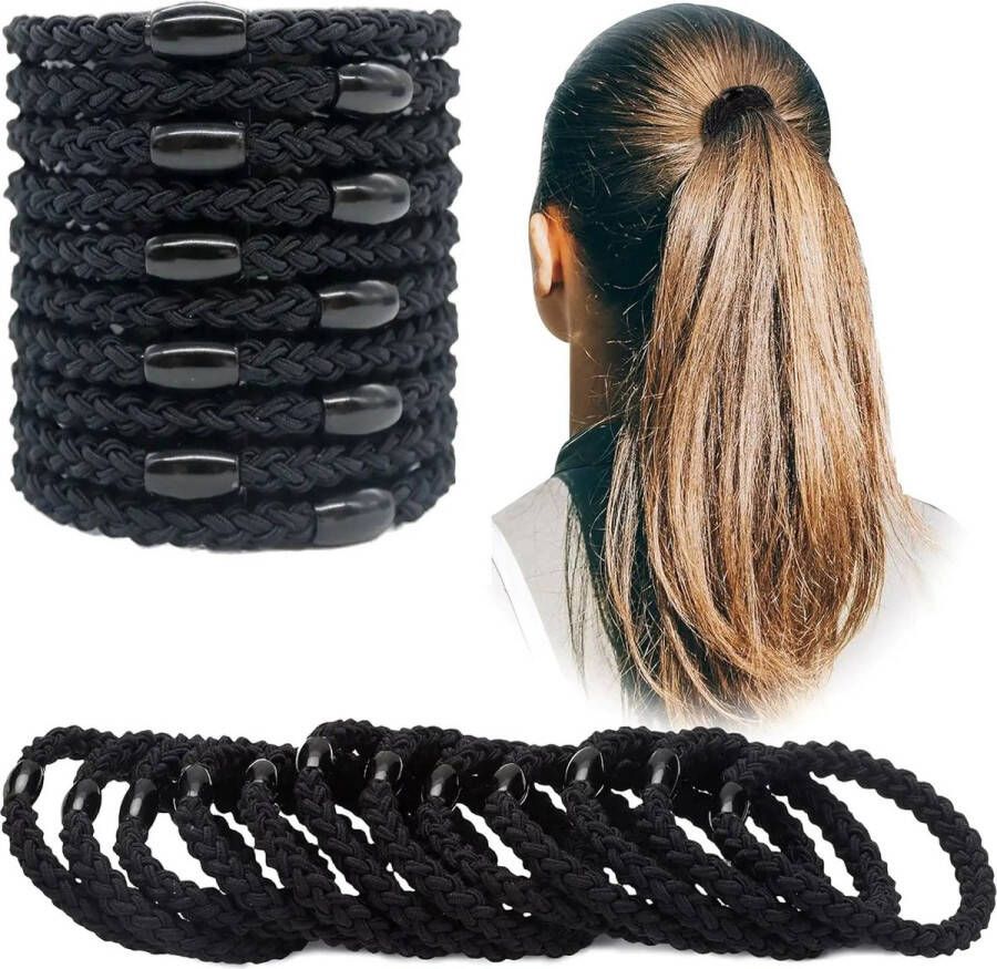 Fako Fashion Gevlochten Haarelastiekjes Met Kraal Dikke Haarelastiekjes Te Dragen Als Armband 2-in-1 Haar Elastiek 10 Stuks Zwart