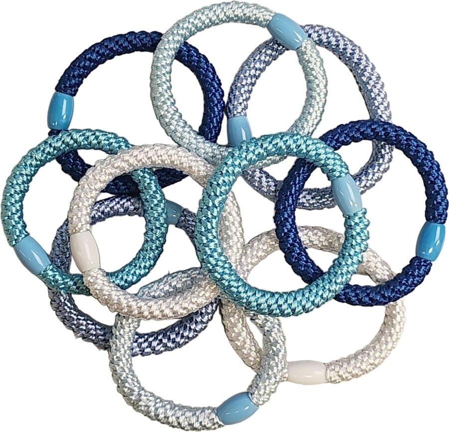 Fako Fashion Gevlochten Haarelastiekjes Met Kraal Dikke Haarelastiekjes Te Dragen Als Armband 2-in-1 Haar Elastiek 10 Stuks Blauw Mix