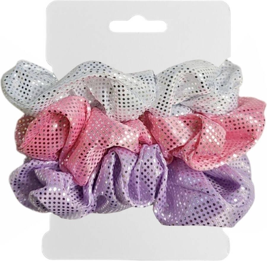 Fako Fashion Haarelastiek Scrunchie Haarwokkel Haarband Glitter & Glamour 3 Stuks