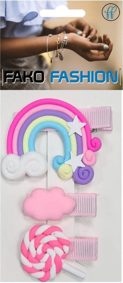 Fako Fashion Haarspeldjes Fimoklei Haarclips Voor Meisjes Polymeer Speldjes Kind 3 Stuks Regenboog Mix 2