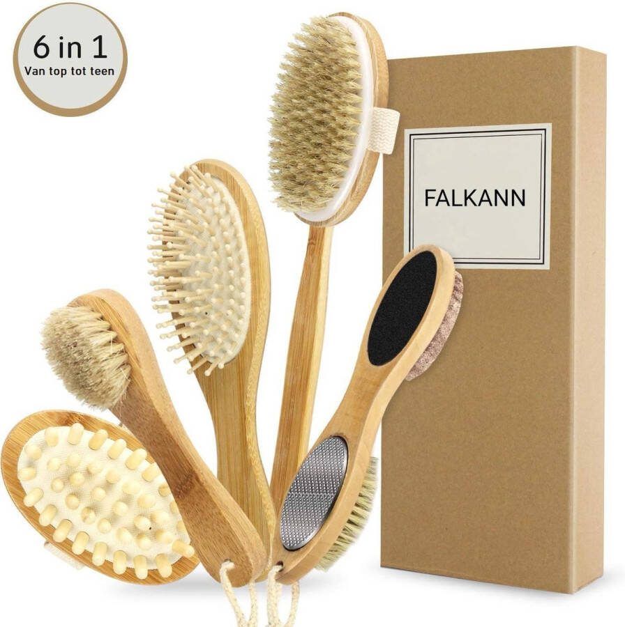 Falkann 6 in 1 Bamboe Doucheborstel Set Gezichtsborstel Dry Brush Douche Borstel Badborstel Voet Eelt Vijl Anti-Cellulitis Rugborstel Haarborstel Scrubborstel Bamboo