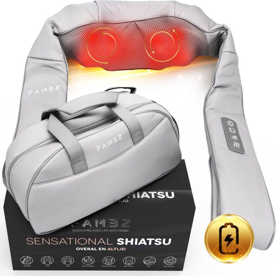 Fambz Sensational Shiatsu Massage Kussen Draadloos ( Grijs ) 3 Snelheden met Infrarood Warmtefunctie Elektrisch Massagekussen Nekmassage Apparaat