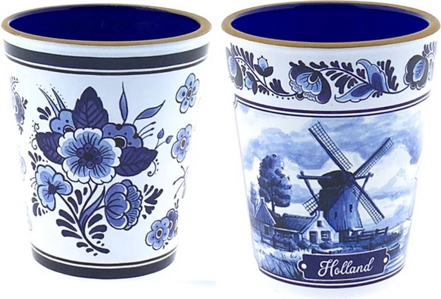 Fame musthaves Shotglaasjes typisch Hollands Delftsblauw molen en bloemen set van 2