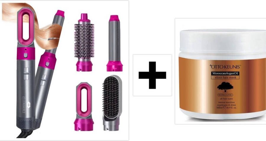 Fameilleur 5 in 1 multifunctionele krultang- haarstyler + haarmasker grijs Fohn- fohnborstel styler-haar borstel- haarborstel- stijltang- stijl tang- Multistyler Föhnborstel krul tang- haar droger- Borstel Haardroger -Föhn Multi styler Fohnborstel