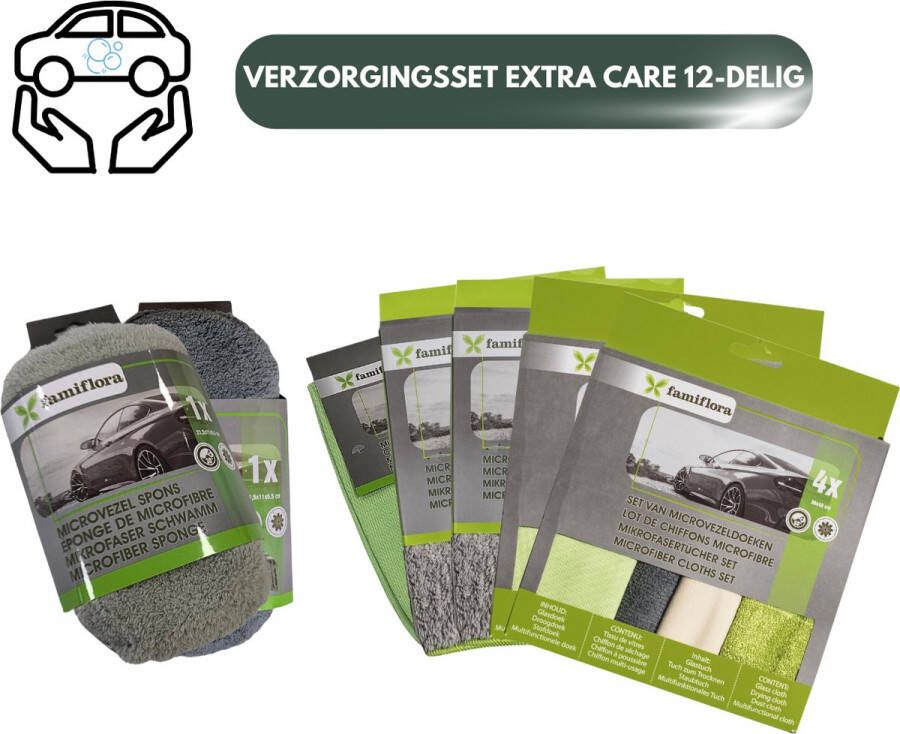 Famiflora autoreinigingsset extra care extra verzorging Microvezel sponzen (2 stuks) glasdoek suede doeken (2 stuks) + 2 sets van 4 microvezel doeken