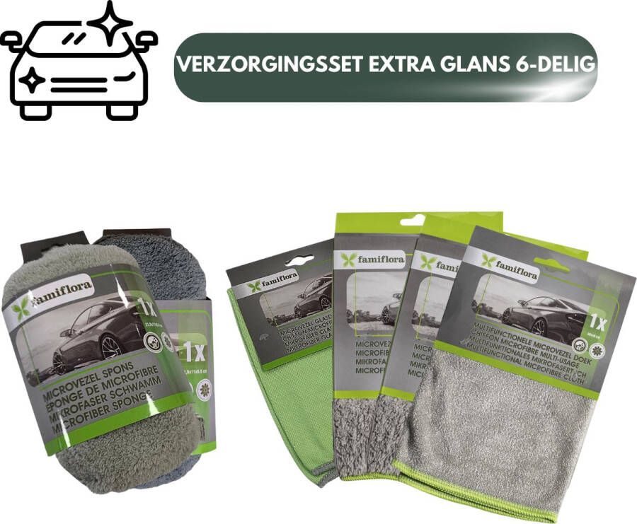 Famiflora autoreinigingsset extra glans microvezel sponzen (2 stuks) shiny weft doek glasdoek en 2 suededoeken