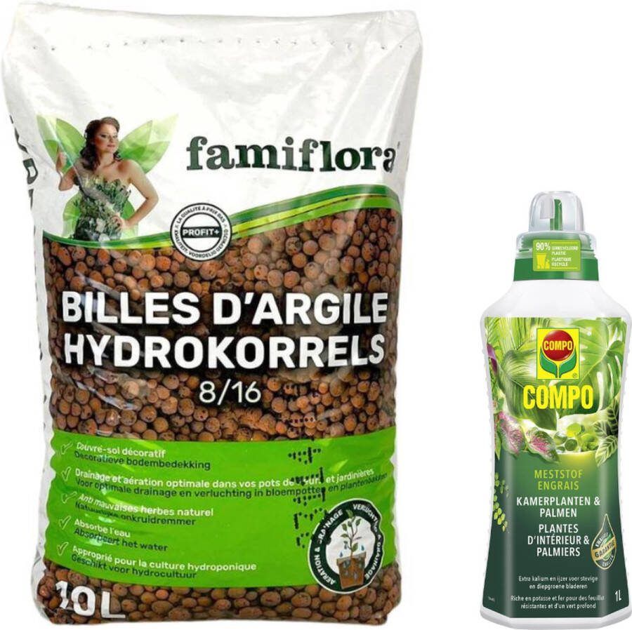 Famiflora Compo vloeibare meststof voor kamerplanten en palmen met hydrokorrels 10 liter Voor balkonplanten Kamerplanten Terrasplanten Sterke bodem