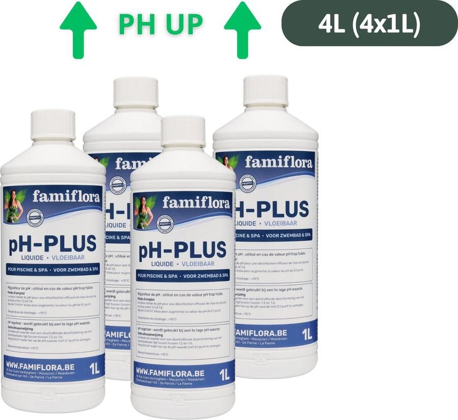 Famiflora pH up (Plus) vloeibaar 4L (4x 1L) verhoogt de pH-waarde van je zwembad of spa!