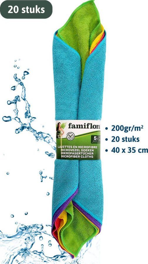 Famiflora microvezel doekjes 40x35cm 200g m² 20 all purpose microvezel doeken 4 sets van 5 schoonmaakdoekjes