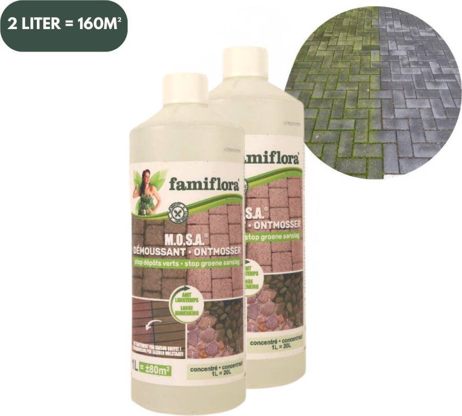 Famiflora M.O.S.A. ontmosser en groene aanslagreiniger 2 liter (2 x 1 liter) Reinigt alle oppervlakten Makkelijk te gebruiken Kleurloos