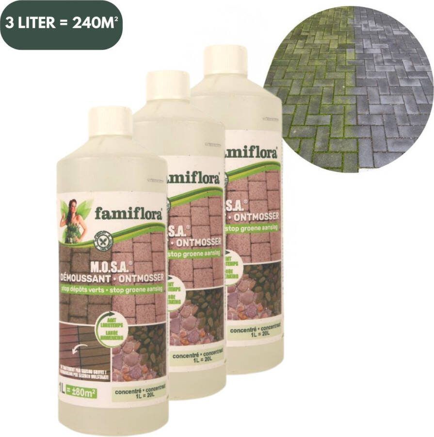 Famiflora M.O.S.A. ontmosser en groene aanslagreiniger 3 liter (3 x 1 liter) Reinigt alle oppervlakten Makkelijk te gebruiken Kleurloos
