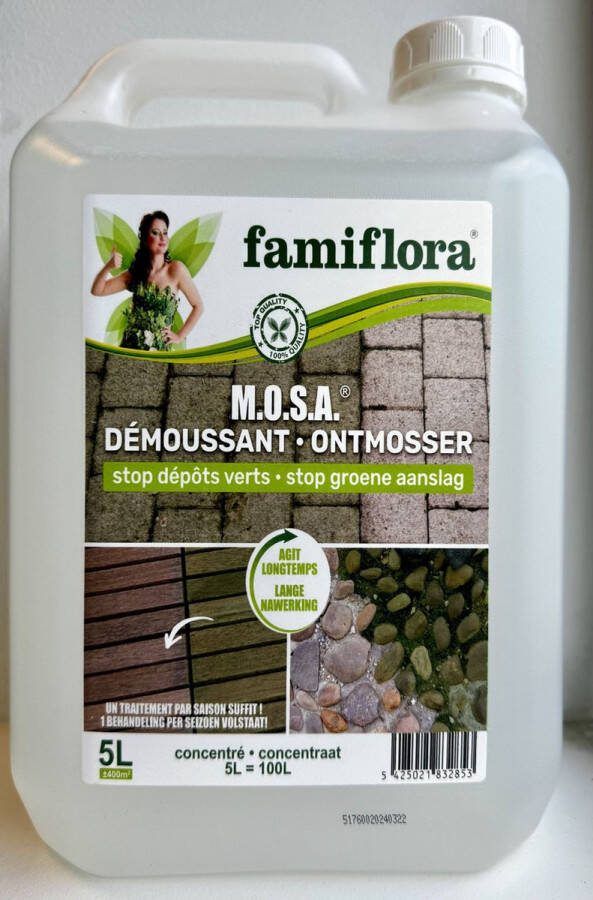Famiflora MOSA ontmosser & groene aanslagreiniger 5 liter Reinigt alle oppervlakten Makkelijk te gebruiken Kleurloos