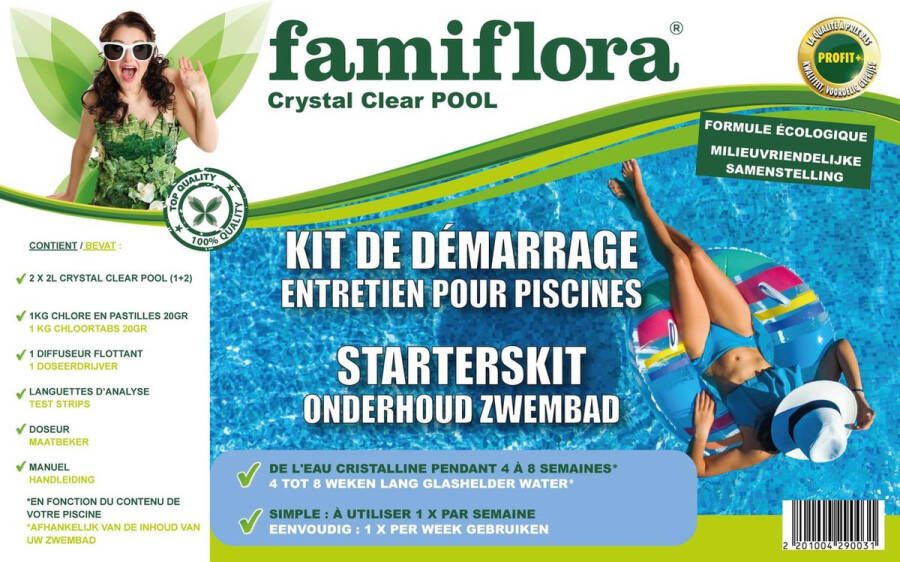 Famiflora Starterskit onderhoud zwembad tot 8 weken glashelder water chloor + vlotter + teststrips + crystal clear 2x2L